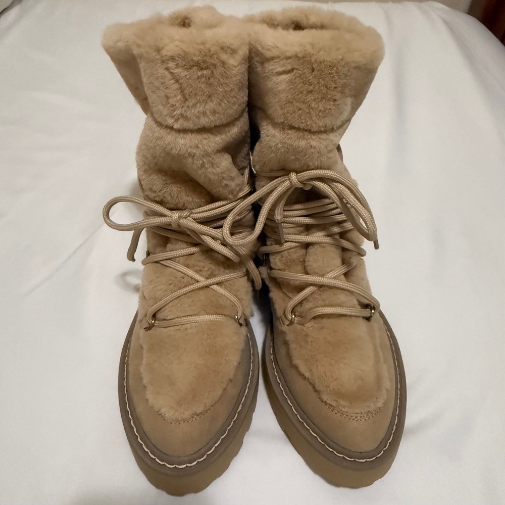 JLO Jennifer Lopez Tan Faux Fur Lined Lace Up Winter Snow Boots Lug Sole 7M 37.5